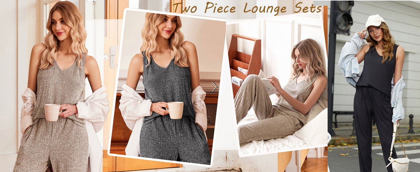 Womens Pajamas Sets V Neck Tank Tops and Long Pants Two Piece Lounge Sets Summer Oufits Loungewear