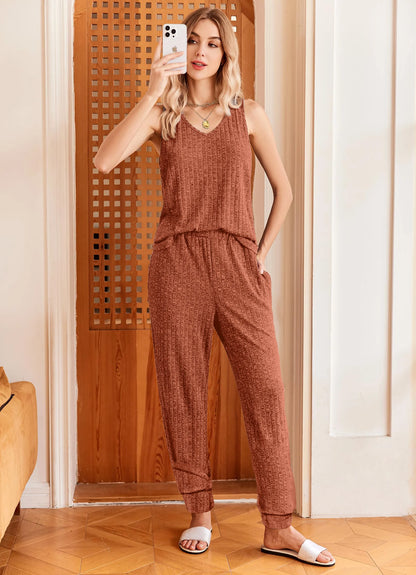 Womens Pajamas Sets V Neck Tank Tops and Long Pants Two Piece Lounge Sets Summer Oufits Loungewear