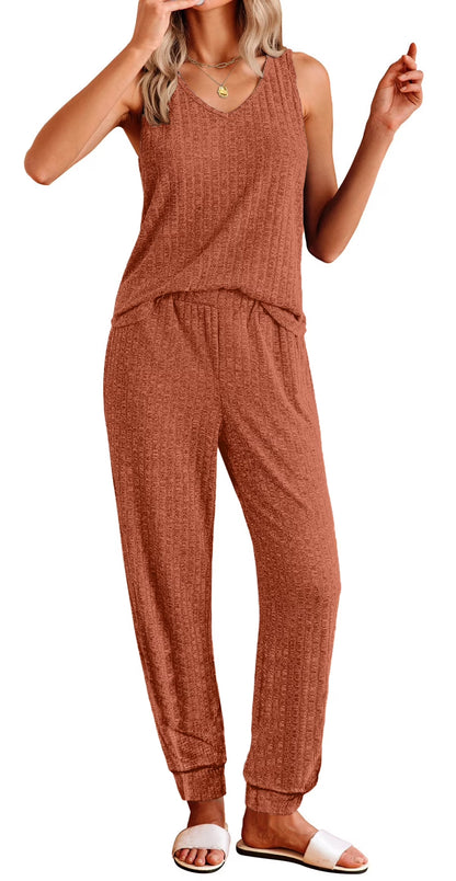 Womens Pajamas Sets V Neck Tank Tops and Long Pants Two Piece Lounge Sets Summer Oufits Loungewear